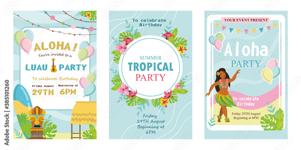 Creative tropical party invitations vector illustration. Hawaiian traditional elements on blue background with text. Summer and celebration concept. Template for poster, banner or flyer Creative tropical party invitations vector illustration. Hawaiian traditional elements on blue background with text. Summer and celebration concept. Template for poster, banner or flyer