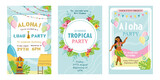 Creative tropical party invitations vector illustration. Hawaiian traditional elements on blue background with text. Summer and celebration concept. Template for poster, banner or flyer