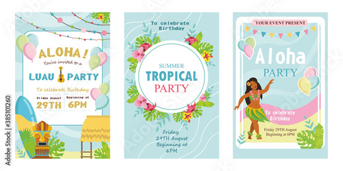 Creative tropical party invitations vector illustration. Hawaiian traditional elements on blue background with text. Summer and celebration concept. Template for poster, banner or flyer