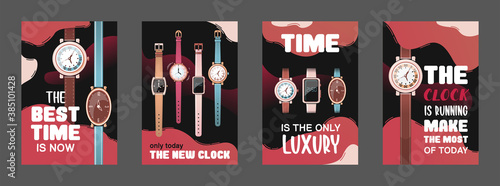 Colored brochures with watches vector illustration. Flowing graphic elements on dark background and text. Time control and gadget concept. Template for promotional poster or advertising flyer