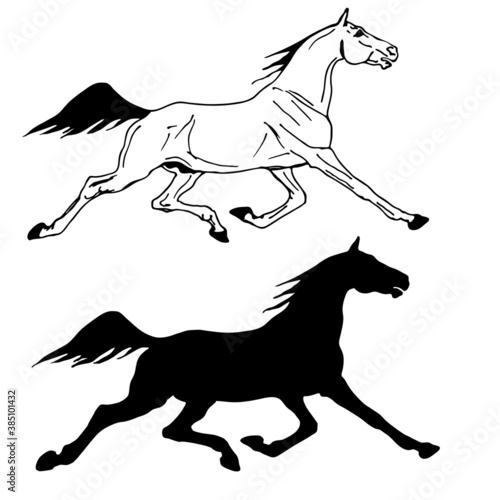  image, black and white drawing of two running trotters isolated on a white background