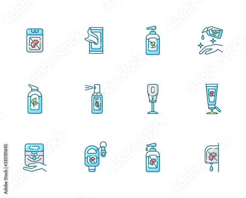Sanitizer types blue RGB color icons set. Disinfectant spray. Antibacterial pocket gel. Automatic wall dispenser for liquid soap. Healthcare product for virus protection. Isolated vector illustrations