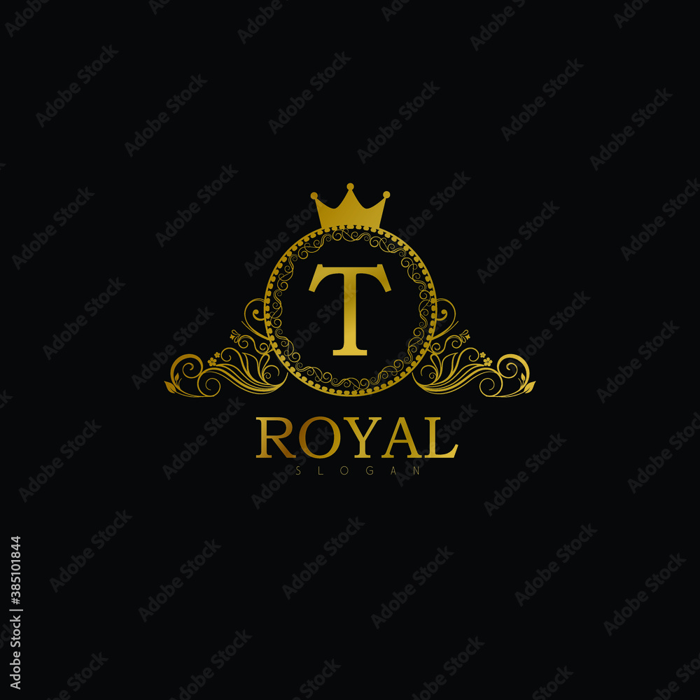 Luxury Logo template for Restaurant, Royalty, Boutique, Cafe, Hotel, Heraldic, Jewelry, Fashion, food business. Luxury Monogram for Letter T. Vintage Calligraphy Floral Badge for Letter T