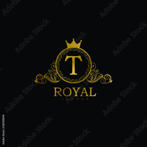 Luxury Logo template for Restaurant  Royalty  Boutique  Cafe  Hotel  Heraldic  Jewelry  Fashion  food business. Luxury Monogram for Letter T. Vintage Calligraphy Floral Badge for Letter T
