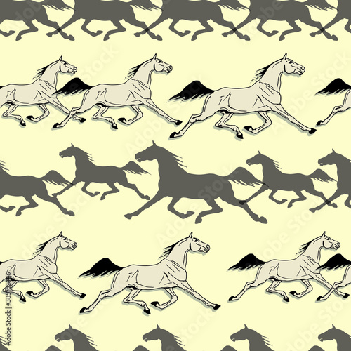 seamless background of hand-drawn drawings, silhouettes and contours of running horses