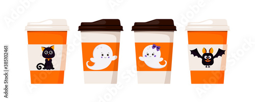Halloween pack coffee or tea cups decorated with cute characters - black cat, bat, ghots boy and girl llustration isolated on white background. Vector flat halloween design coffe to go cups set.