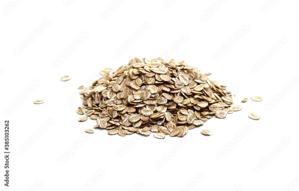 Breakfast. Rye oat flakes isolated on white , macro close up Breakfast. Rye oat flakes isolated on white , macro close up