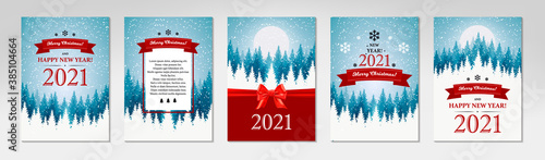 Pack of Merry Christmas and Happy New Year vertical greeting cards with beautiful winter scenery. Blue Christmas tree landscape with snow. Vector illustration with hand drawn elements