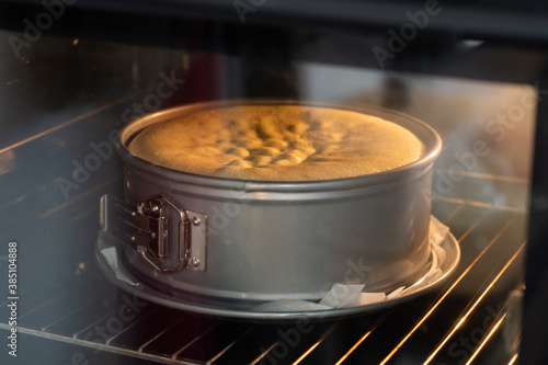 a cake bakes in a round springform pan in a lighted oven in an apartment