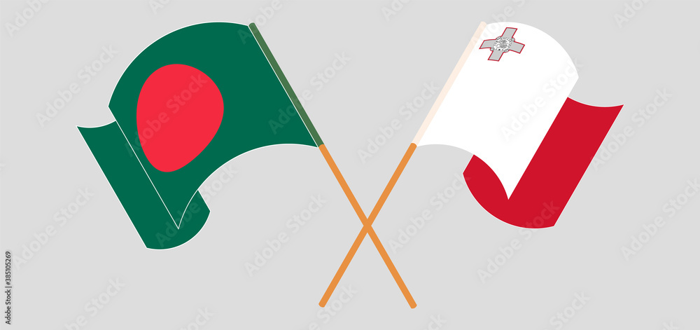 Crossed and waving flags of Bangladesh and Malta Crossed and waving flags of Bangladesh and Malta