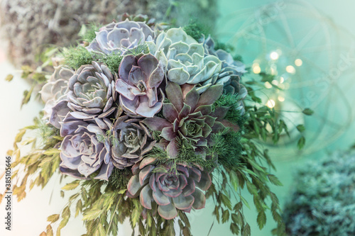 Trendy wedding bouquet made out of succulents on a pastel background