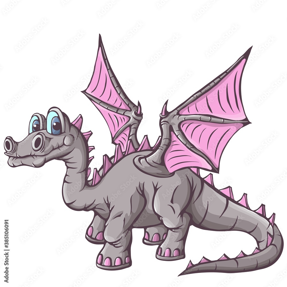 Fototapeta premium Cheerful, cute, winged dinosaur on a white background. Prehistoric reptile. Jurassic period. Vector illustration