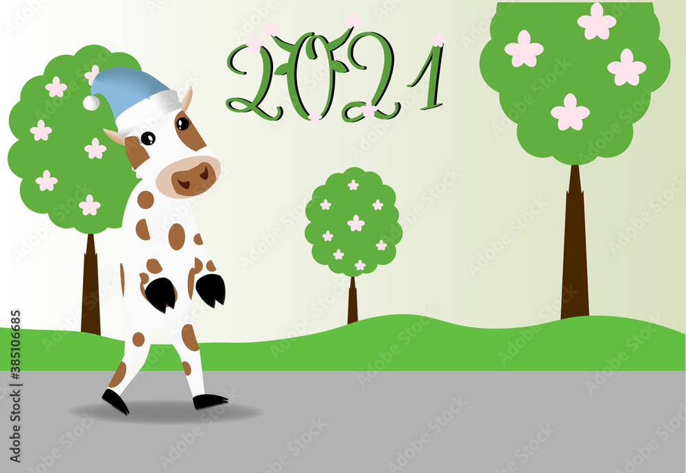 The bull walks in the green park. Trees in the background. The trees are blooming. Spring concept. Floral lettering 2021. The bull walks in the green park. Trees in the background. The trees are blooming. Spring concept. Floral lettering 2021.