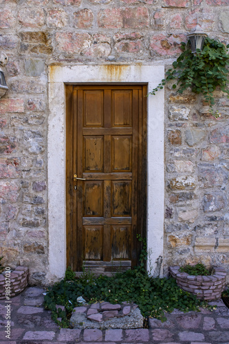 Wooden door in the stone wall of the building. Ivy plant by the door