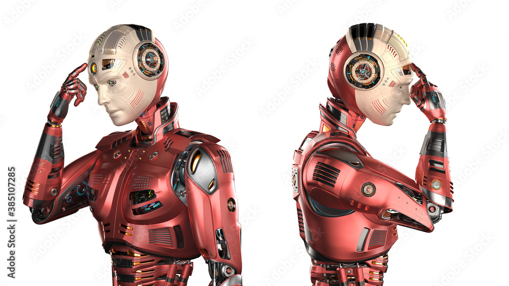 3d render of a very detailed futuristic robot or humanoid cyborg touching his forehead. Two different angles of the upper body. Isolated on white background 3d render of a very detailed futuristic robot or humanoid cyborg touching his forehead. Two different angles of the upper body. Isolated on white background