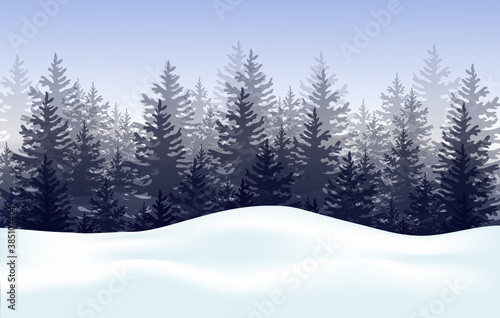 Winter landscape with fir-trees and snow. Horizontal banner. Winter background. Vector.