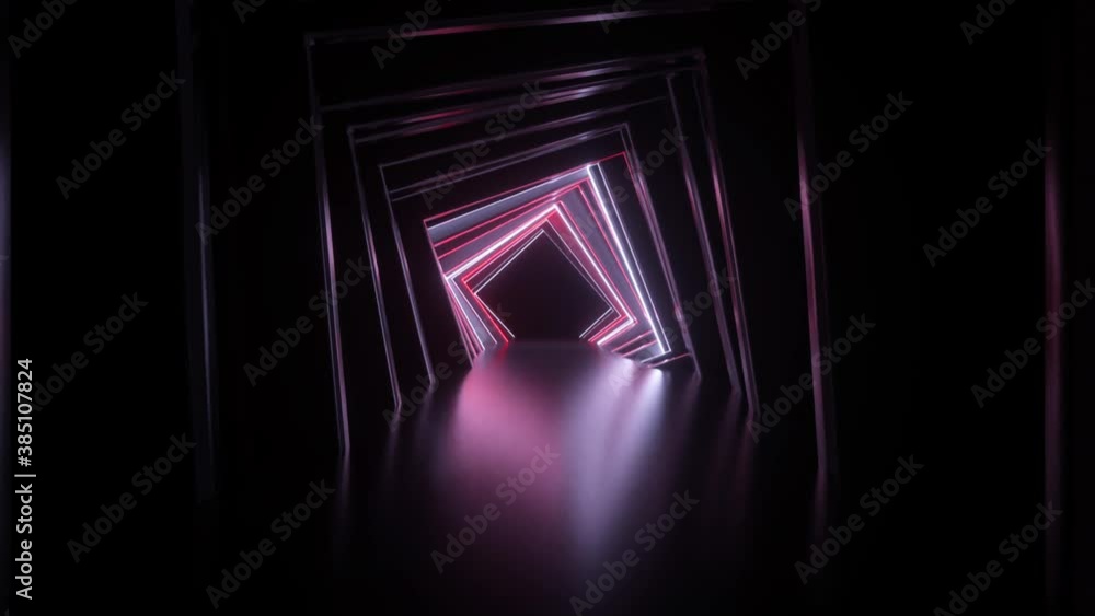 Abstract neon square tunnel technological. Endless swirling animated background. Modern neon light. Bright neon lines sparkle and move forward. Seamless loop 3d render