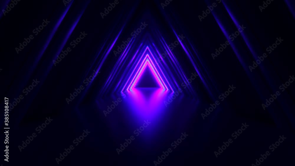 Abstract neon triangle tunnel technological. Endless swirling animated background. Modern neon light. Bright neon lines sparkle and move forward. Seamless loop 3d render