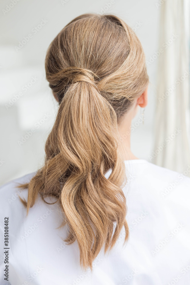 A young woman with long blond wavy hair tied in a ponytail. Back view A young woman with long blond wavy hair tied in a ponytail. Back view