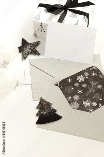 Christmas background with envelopes, invitation card, gift box, decorations i...