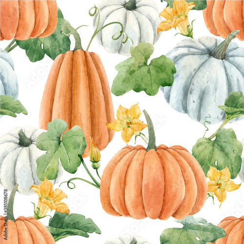 Beautiful autumn vector seamless pattern with watercolor pumpkin vegetables, leaves and flowers . Stock illustration.