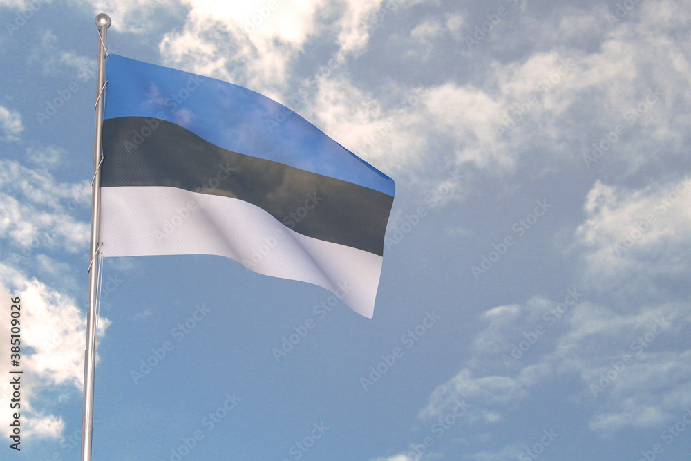 3d rendering of National Flag concept. Flag of Estonia waving in wind. Blue cloudy sky on background. 