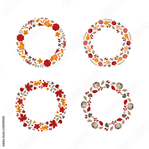 Set of vector autumn round wreaths with place for text. Collection of frames with leaves, acorts and berries for Happy Thanksgiving Day. Template illustration for print, greeting card