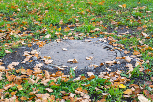 A manhole made of plastic on the lawn with the grass and leaves