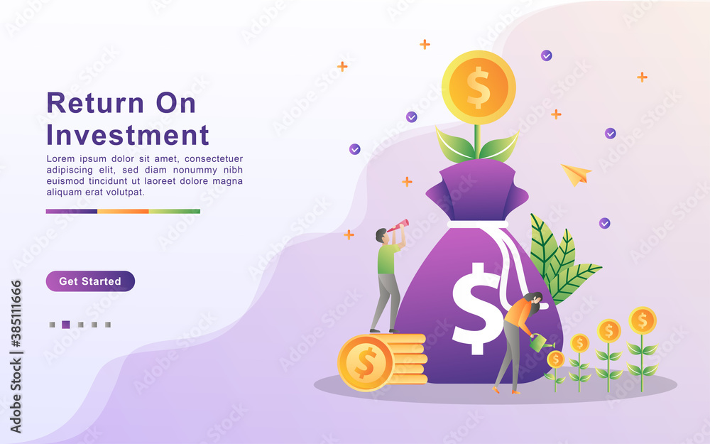 Fototapeta premium Return on investment concept. Profit strategy, Financial performance, statistic report, budget planning, income growth. Can use for web landing page, banner, mobile app. Vector Illustration.