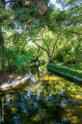 Vertical view of a canal surrounded by trees, in El Capricho park, in Madrid, Spain