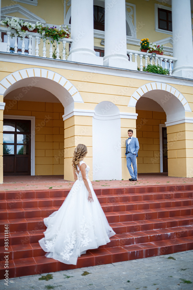 Young stylish guy in the costume of the groom and the bride beautiful girl in a white dress with a train walking on the background of a large house with columns on their wedding day