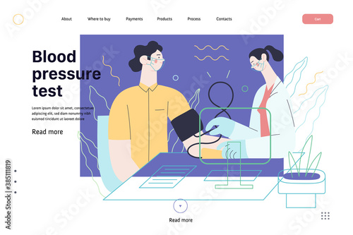 Medical tests template - blood pressure test - modern flat vector concept digital illustration of blood pressure measurement procedure - a patient and doctor with a meter, medical office or laboratory