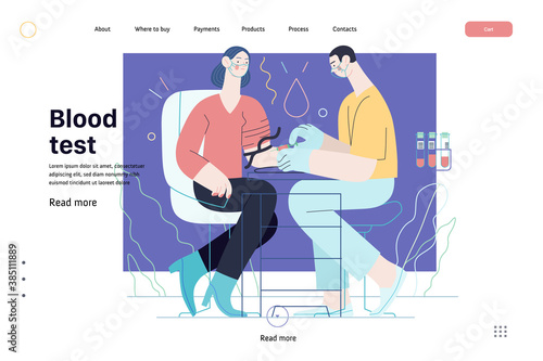 Medical tests illustration - blood test - modern flat vector concept digital illustration of blood test procedure - a patient and doctor with a syringe and test tubes, the medical office or laboratory