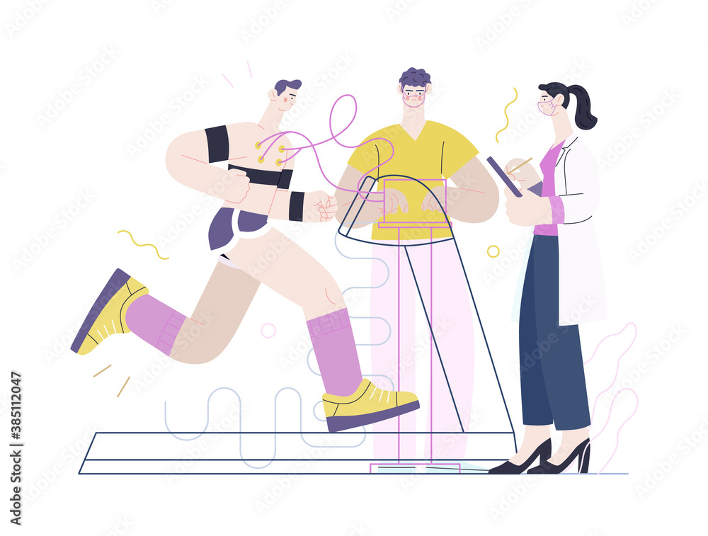 Medical tests template - cardiac stress test -modern flat vector concept digital illustration of stress test procedure -patient with sensors on treadmill and doctors carrying out procedure, laboratory Medical tests template - cardiac stress test -modern flat vector concept digital illustration of stress test procedure -patient with sensors on treadmill and doctors carrying out procedure, laboratory
