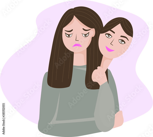 A woman hides her negative emotions under a mask. Sadness, sadness and pain hide with a smile on her face. The concept of psychological problems, closed feelings and social restrictions. vector
