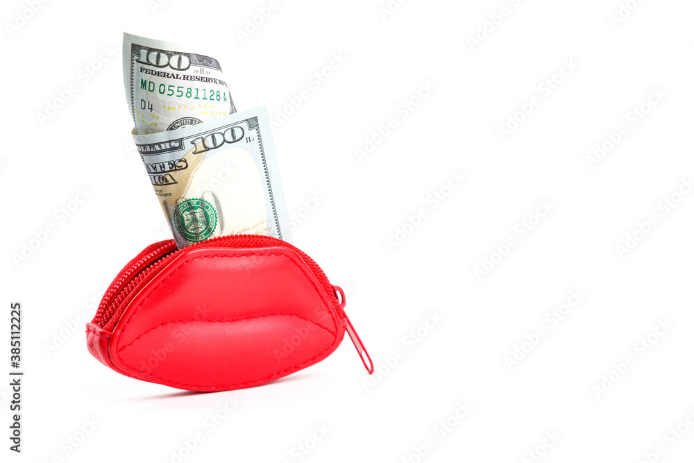 Love for money. Red leather purse in form of lips and banknotes of one  hundred dollars. Women's salary. Selling love. Stock Photo | Adobe Stock