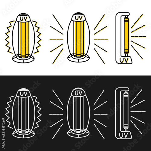 UV light disinfection outline icons set. Ultraviolet light sterilization of air and surfaces. Device for disinfection of premises. Surface cleaning. Vector