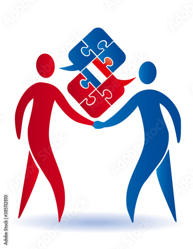 French  business Conversation.
Two businessmen shaking hands and  Puzzle bubble talk with a French flag. Vector available.