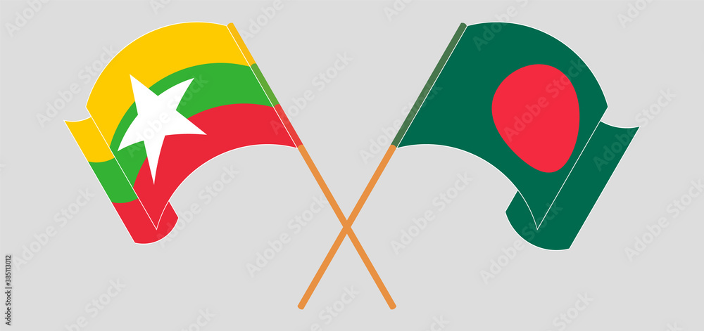 Crossed and waving flags of Bangladesh and Myanmar Crossed and waving flags of Bangladesh and Myanmar