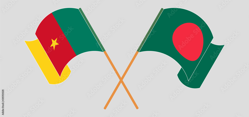 Crossed and waving flags of Bangladesh and Cameroon Crossed and waving flags of Bangladesh and Cameroon
