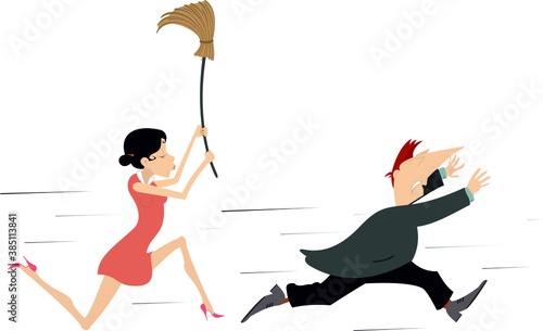 Quarrel between man and woman concept illustration. Man runs away from the angry woman trying to hits him with a big broom isolated on white
