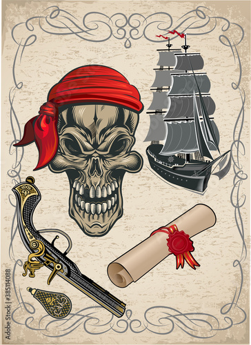 Pirate ship and skull
