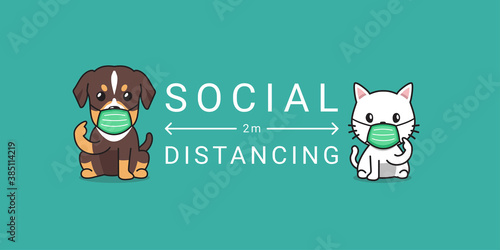 Covid-19 protection concept cartoon cat and dog wearing protective face mask social distancing for design.