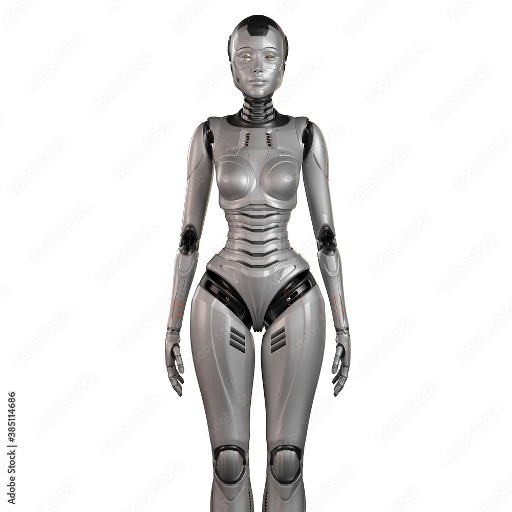 3d render of a very detailed female robot or futuristic cyber girl, front view of the upper body, isolated on white background