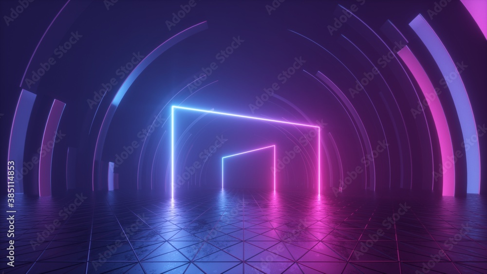 3d rendering, abstract geometric neon background with glowing lines