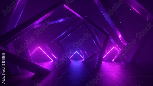 3d render, abstract geometric background with neon light, cosmic wallpaper with polygonal structure, chaotic square frames, ultraviolet spectrum photo