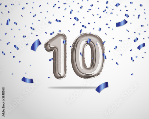 Happy 10th birthday with realistic foil balloons text on silver background and blue confetti. Set for Birthday, Anniversary, Celebration Party. Vector stock.