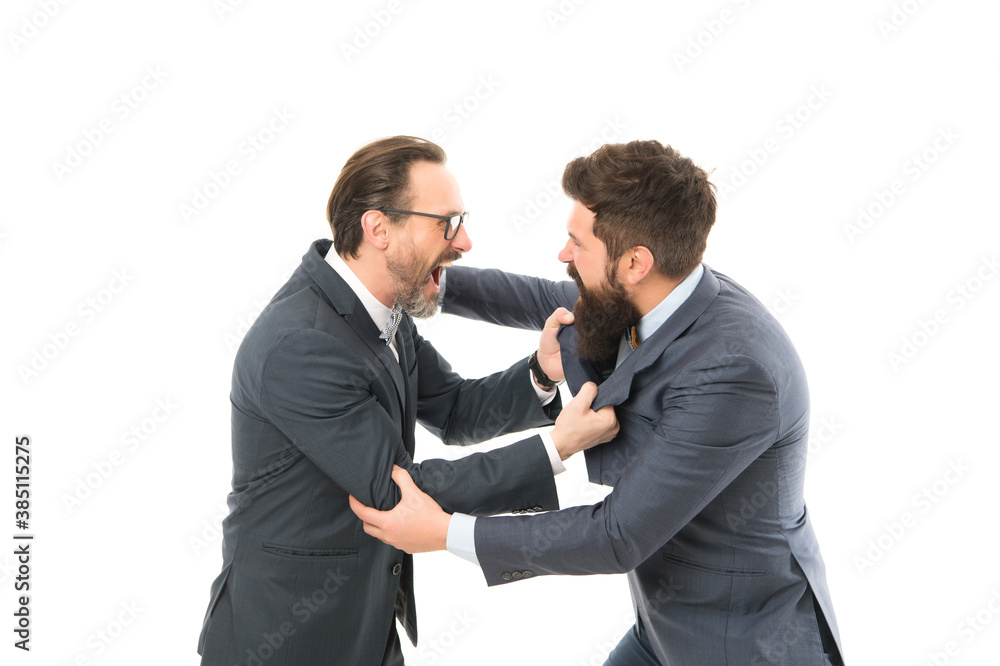 Leadership concept. Businessman and politician fighting. Conflict of interest. Business conflict. Coworkers or business partners fighting. Business competition. Leadership and career. Deserve punch