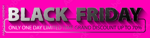 Black Friday pink horizontal web banner. Glossy black mirror text with thin golden frame on pink background. Silver text in frame. One day only limited time grand discount