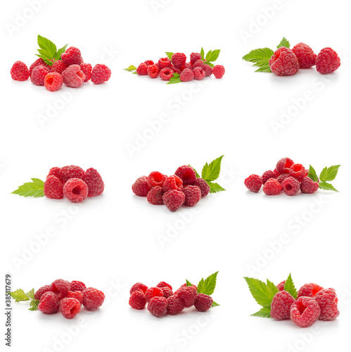 Raspberries collection with leaf isolated on white background